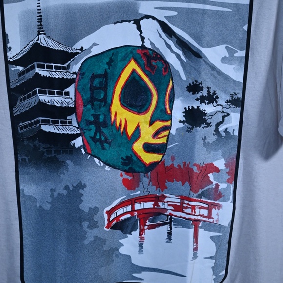 Grey Bowery Shirt – Hand-Painted “Mil Máscaras” Luchador Mask, Asian Design - Picture 4 of 5